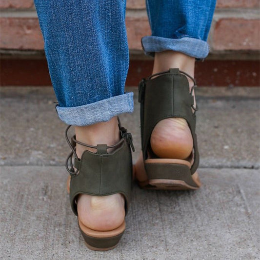 Women's Olive Open Toe Lace-Up Flats Gladiator Sandals