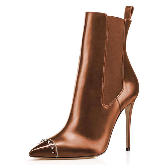 Women's Rivets Embellished Cap Toe Stiletto Heel Brown Chelsea Boots