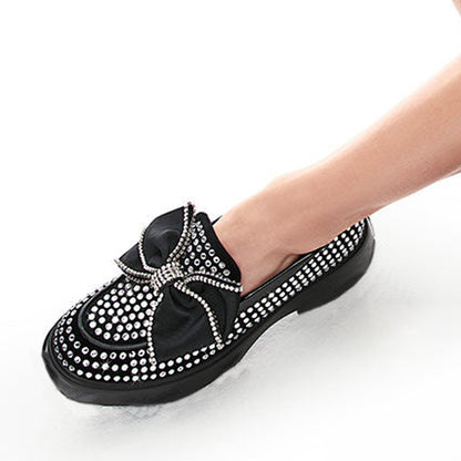 Trendy Black Round Toe Bow Accent Chunky Loafers with Rhinestone