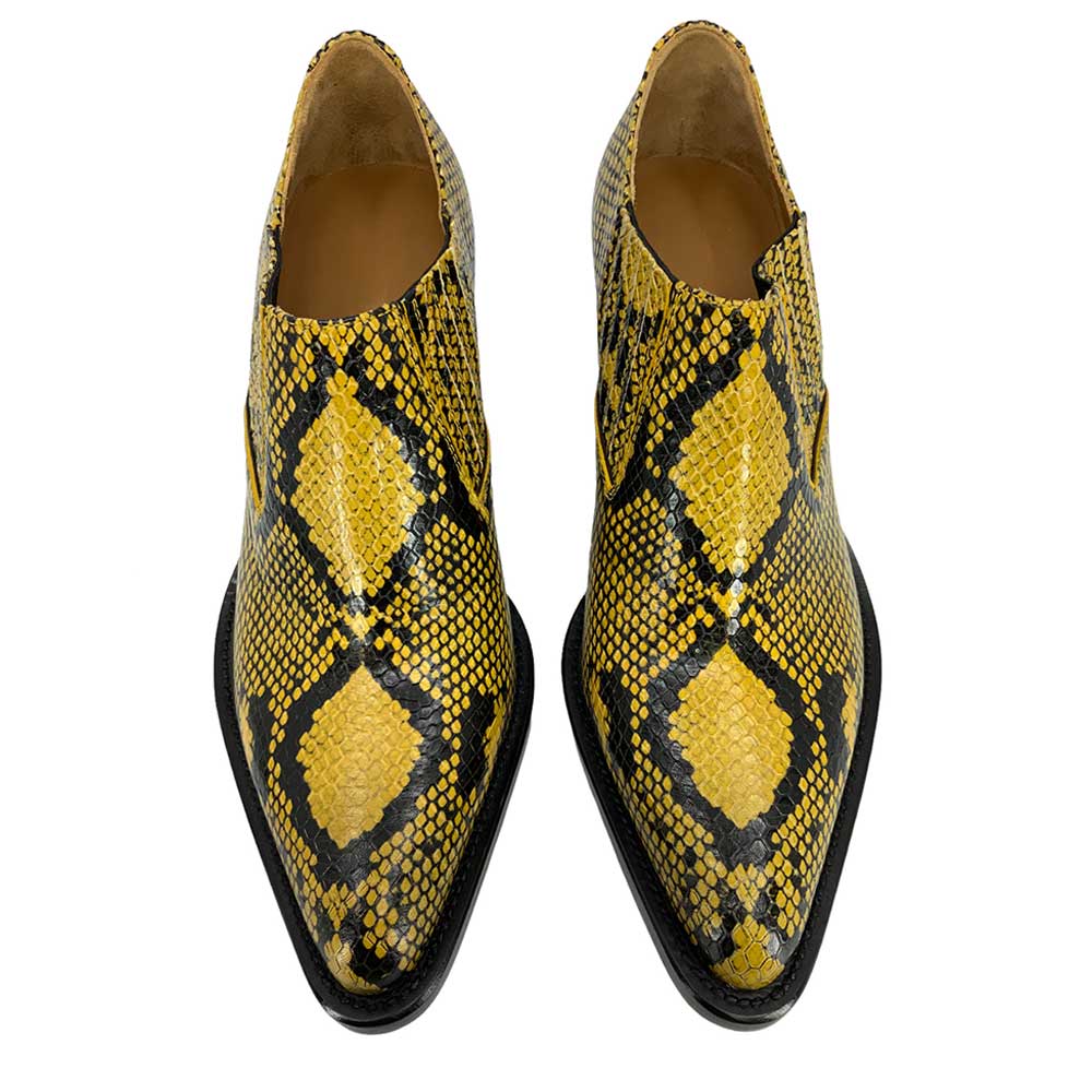 Yellow & Black Snake Embossed Almond Toe Chunky Heeled Ankle Boots