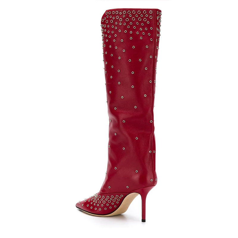 Red Studs Stiletto Heel Pointed Toe Knee High Boots