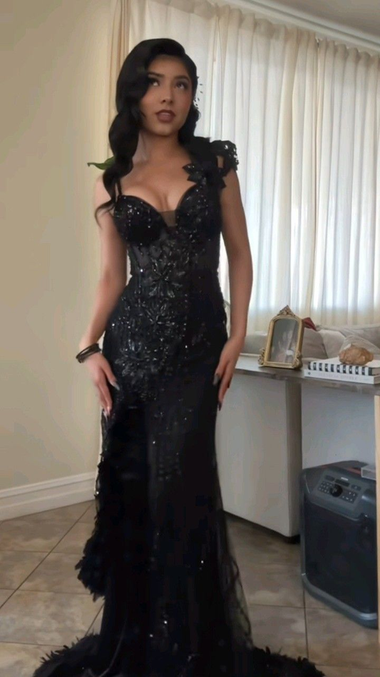 Black Euphoric Prom Dress V Neck Mermaid Evening Dress Graduation Dress cg26148
