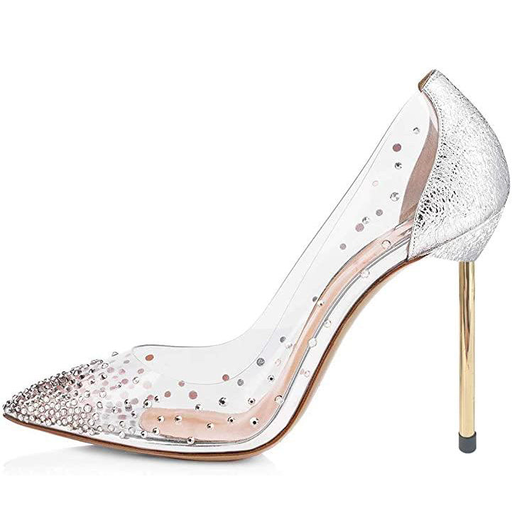 Women's Trendy PVC Splicing Pointed Toe Rhinestone Pumps Heels