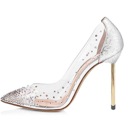 Women's Trendy PVC Splicing Pointed Toe Rhinestone Pumps Heels