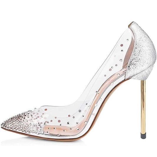 Women's Trendy PVC Splicing Pointed Toe Rhinestone Pumps Heels
