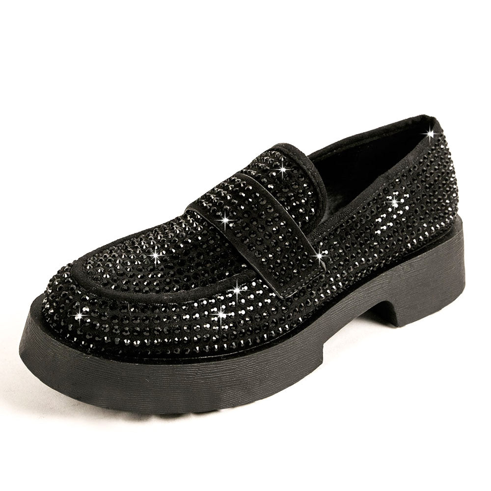 Trendy Black Round Toe Rhinestone Chunky Loafers for Women