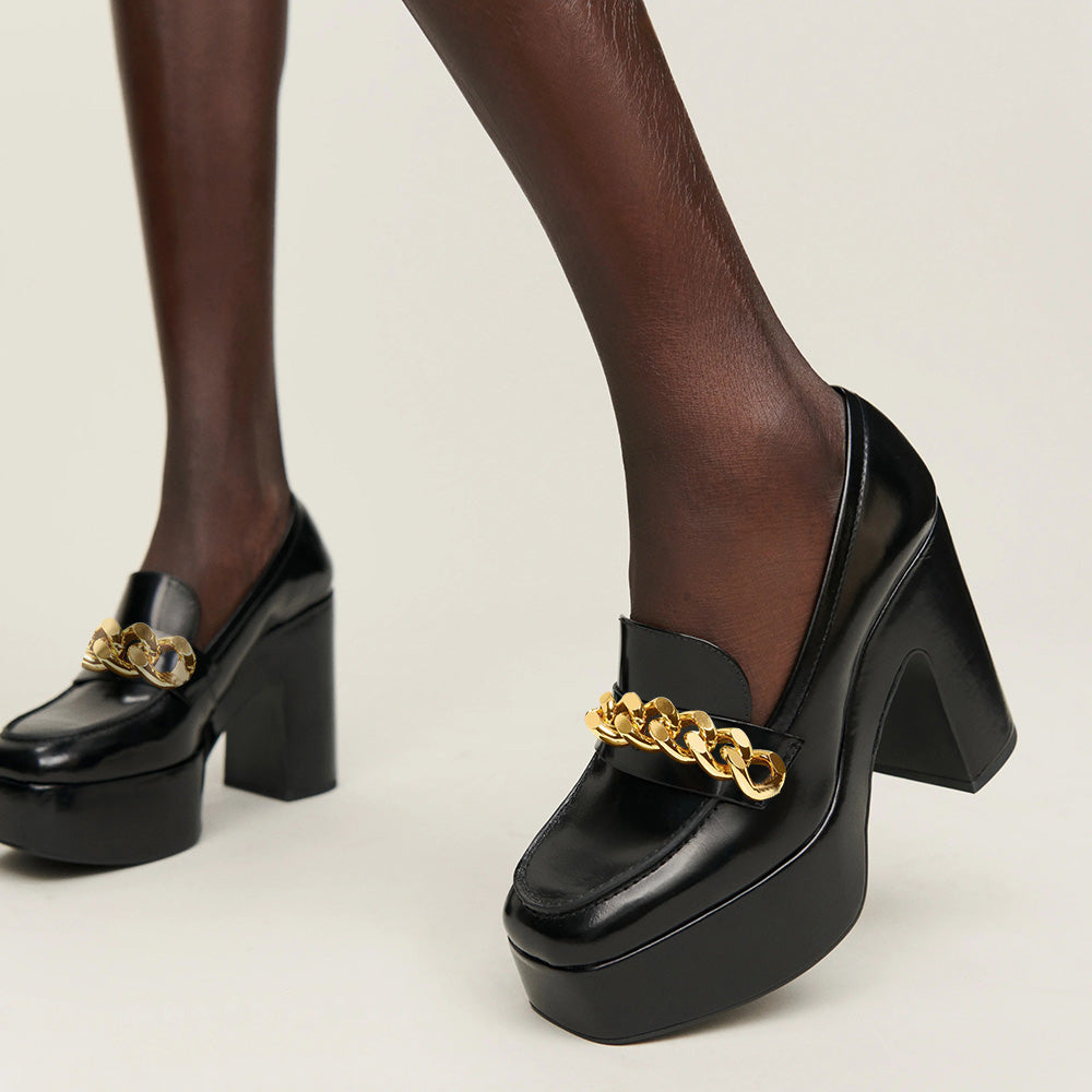 Black Square Toe Chain Chunky Heels Platform Loafers for Women