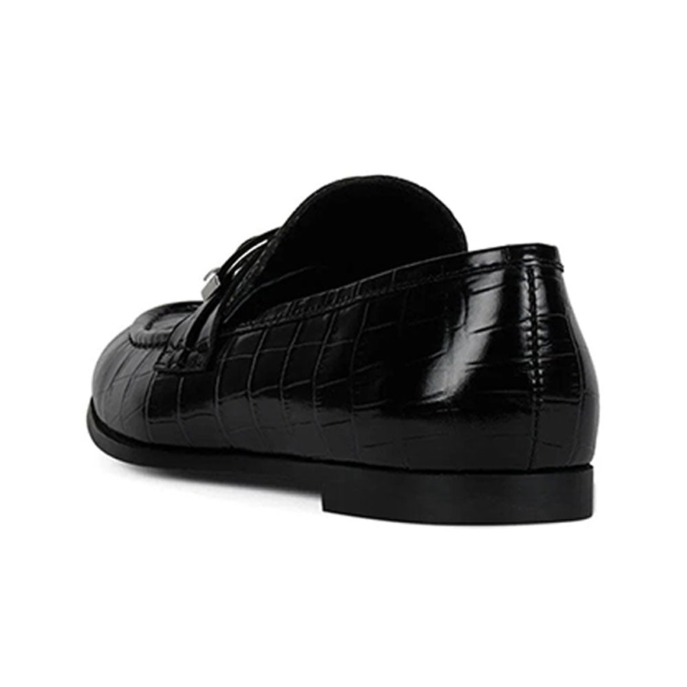 Black Croc Embossed Round Toe Vegan Leather Flat Women's Loafers