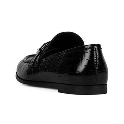 Black Croc Embossed Round Toe Vegan Leather Flat Women's Loafers