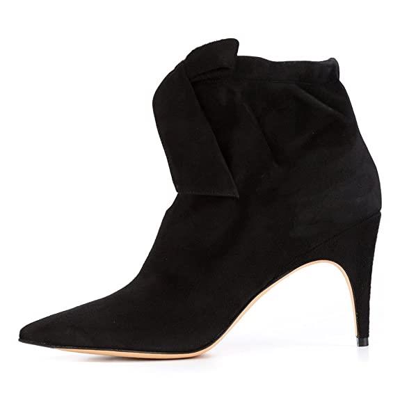 Women's Vegan Suede Pointed Toe Bowknot Cutout Heeled Ankle Boots