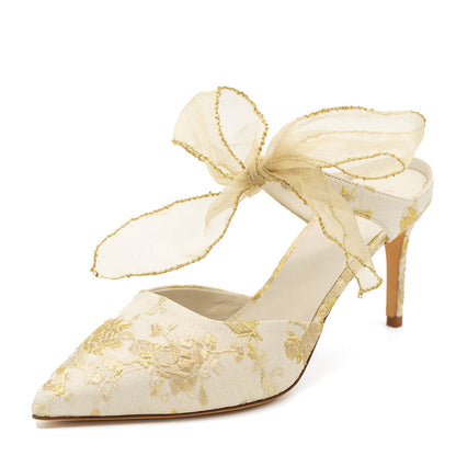 Beige Mesh Bow Heels Pointed Toe Gold Flower Pattern Mules for Women