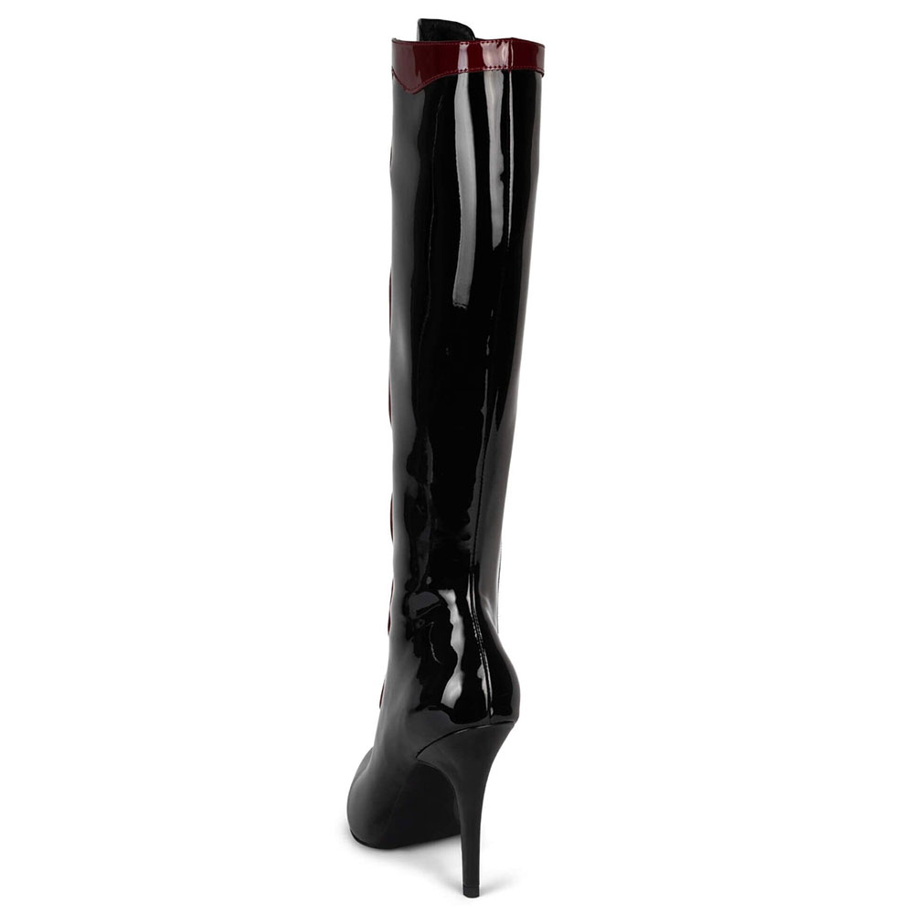 Black & Red Patent Leather Lace-Up Stiletto Heel Knee High Boots