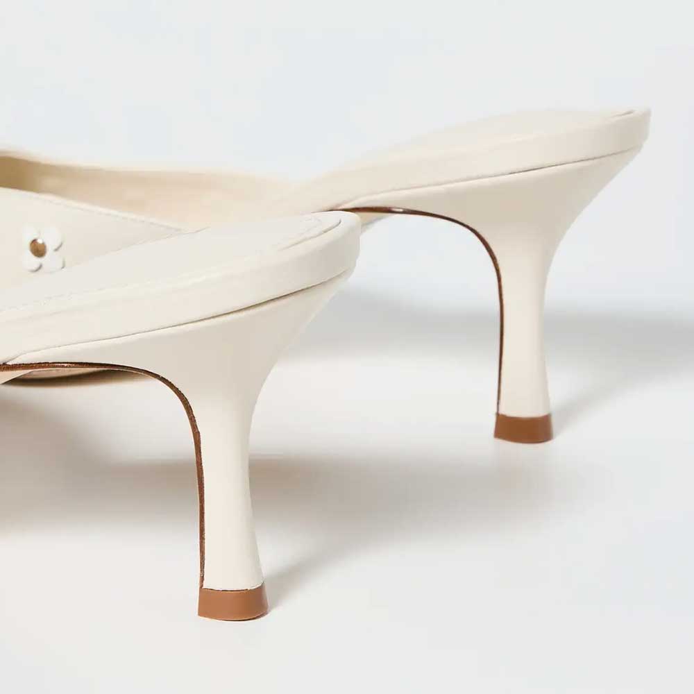 Beige Bow Decor Peep Toe Floral Studded Spool Heel Mules Shoes