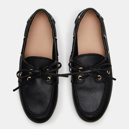 Vintage Black Faux Leather Round Toe Flat Lace Up Women's Loafers