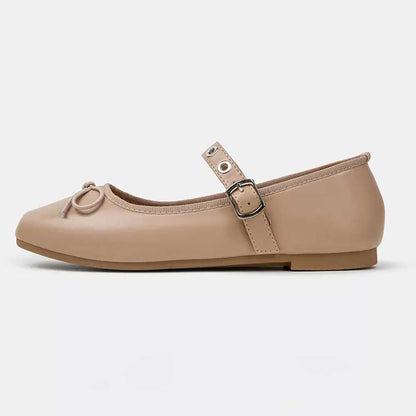 Stylish Nude Square Toe Bow Decor Ballet Flats with Buckled Strap