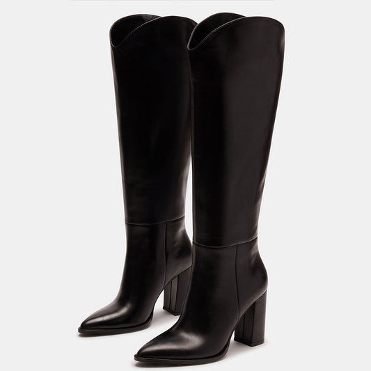 Black Pointed Toe Chunky Heel Fashion Knee High Boots for Women