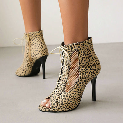 Beige Leopard Print Peep Toe 3'' Stiletto Heel Lace Up Ankle Boots