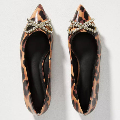 Brown Leopard Print Vegan Leather Pointed Toe Flats with Bow