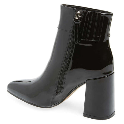 Black Patent Leather Chunky Heel Women's Ankle Boots