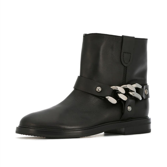 Black Studs Chain Flat Ankle Boots