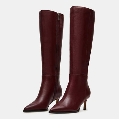 Maroon Vegan Leather Pointed Toe Kitten Heel Zipper Knee High Boots