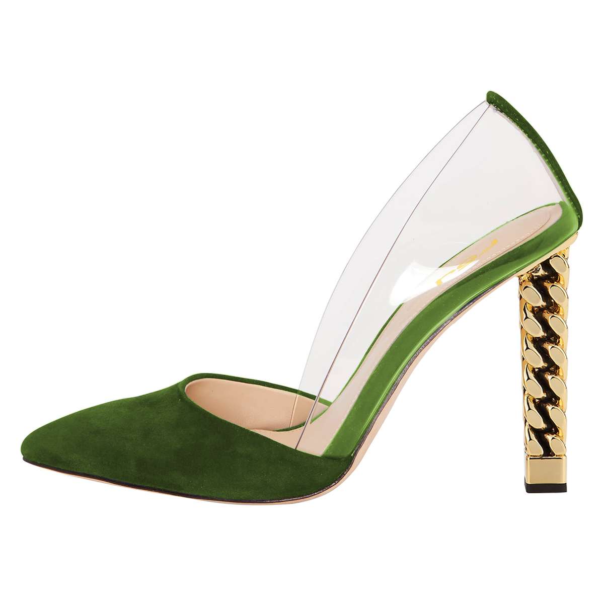 Women's Green transparent PVC Vegan Suede Chunky Heels Pumps by FSJ