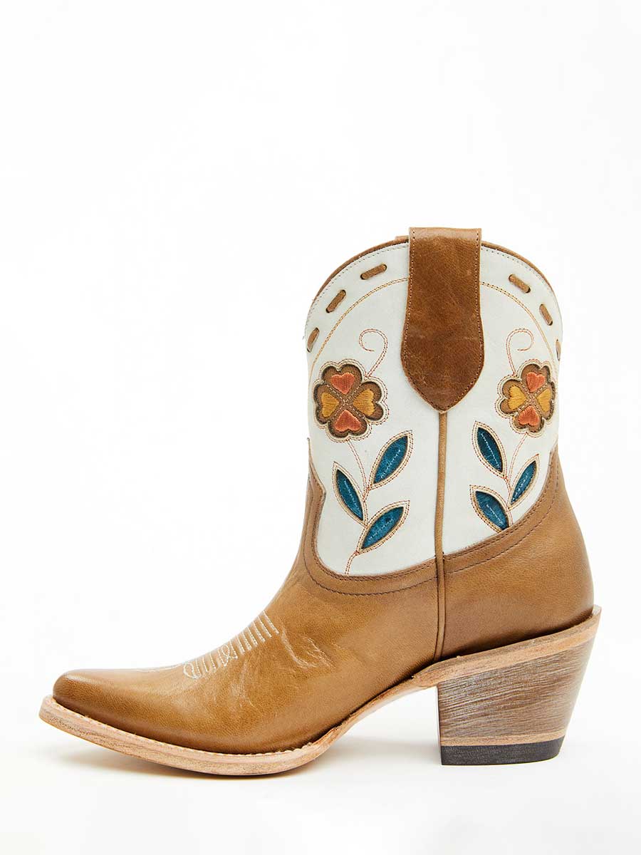 Brown & White Floral Embroidered Inlay Heeled Western Ankle Boots