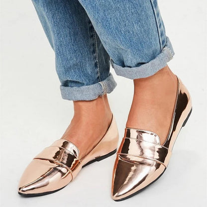 Rose Gold Metallic Pointed Toe Slip On Flats Women's Loafers