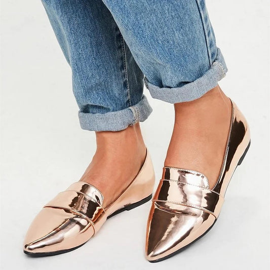 Rose Gold Metallic Pointed Toe Slip On Flats Women's Loafers