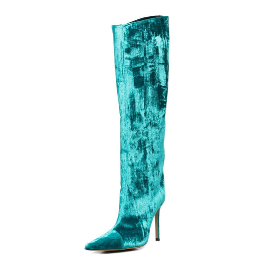 Turquoise Velvet Pointed Toe Knee High Boots with Stiletto Heels