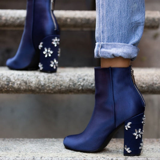 Women's Navy Rhinestone Flower Comfortable Chunky Heel Ankle Boots