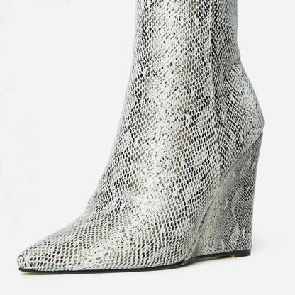 Women's Snake Textured Pointed Toe Zipper Wedge Heel Ankle Boots