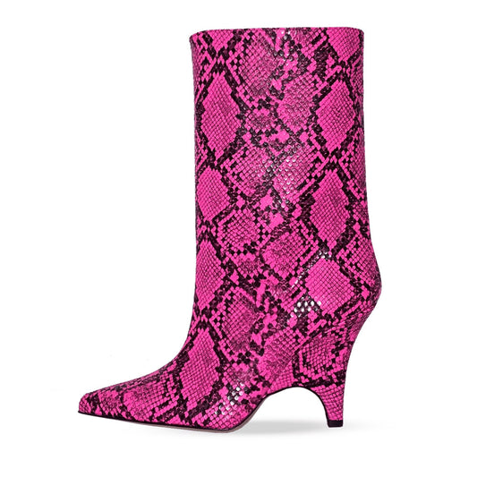 Fuchsia Snakeskin Print Pointy Toe Wedge Heel Tubular Mid Calf Boots