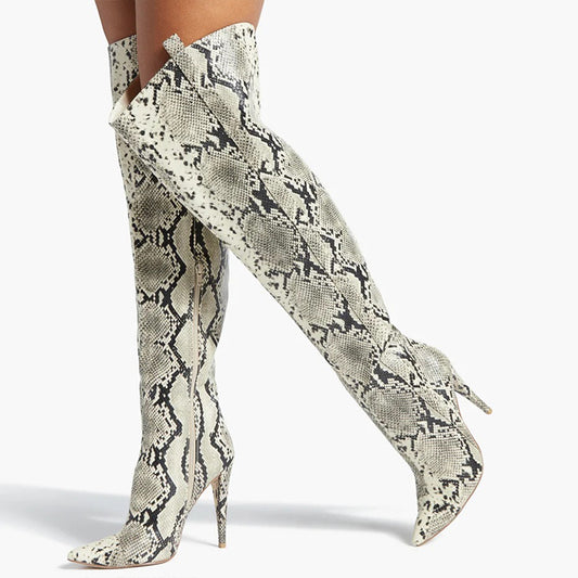 Women's Stylish Snake Embossed Pointed Toe Heeled Over The Knee Boots