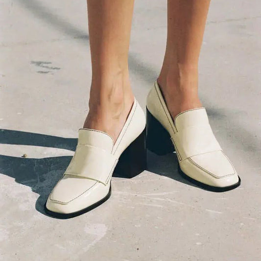White Square Toe Chunky Heel Loafers