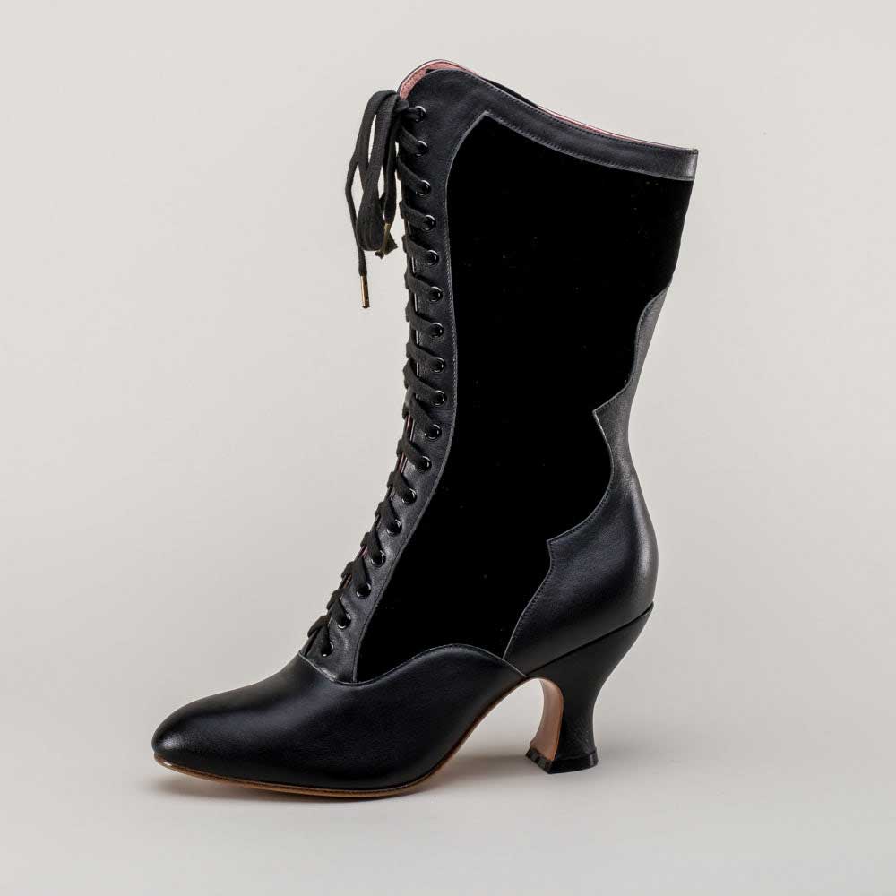 Vintage Black Closed-Toe Spool Heel Lace-Up Mid Calf Boots for Women