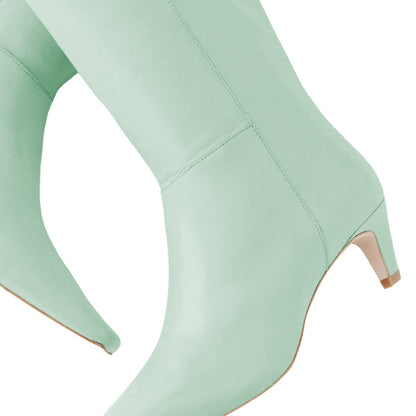 Green Pull-On Kitten Heel Knee High Boots for Women with Square Toe