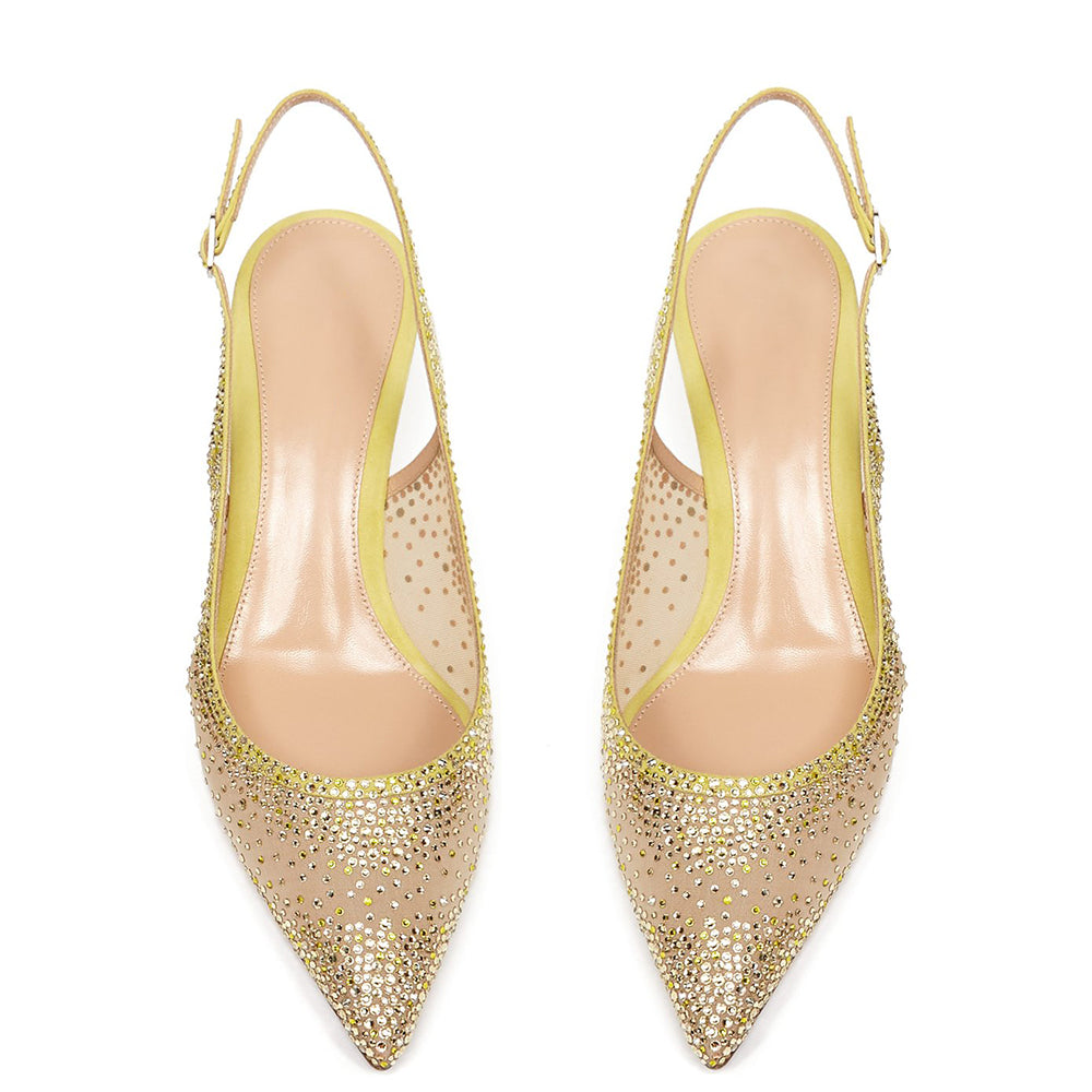 Yellow Vegan Suede & Mesh Rhinestone Kitten Heel Slingback Pumps