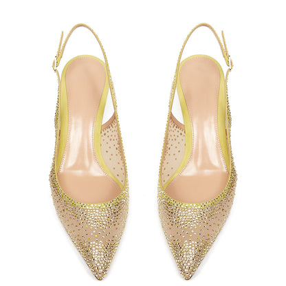 Yellow Vegan Suede & Mesh Rhinestone Kitten Heel Slingback Pumps