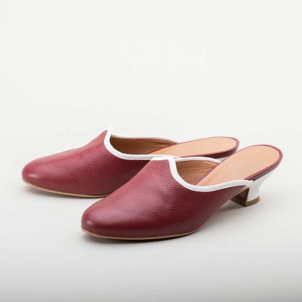 Women's Maroon & White Round Toe Spool Heel Vintage Mules Shoes