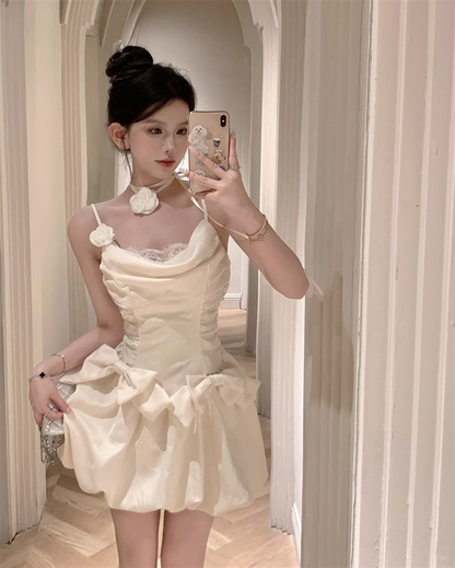 Vintage Beige Pleated Bow Design A-line Lace 3D Flower Spaghetti Strap Homecoming Dress TP3716