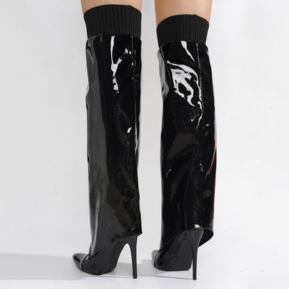 Black Patent Leather Fold-Over Knee High Boots with Stiletto Heels