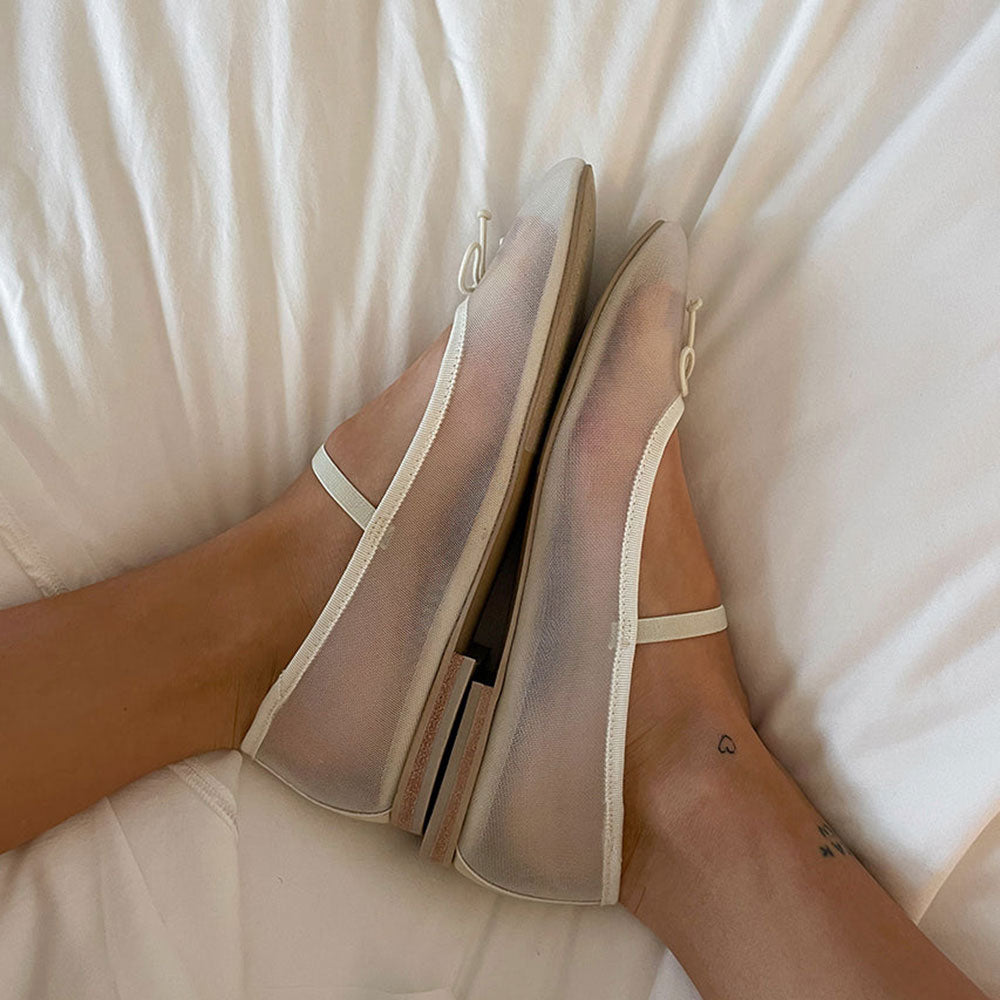 Ivory Mesh Bow Tie Slip-On Round Toe Ballet Flats with Straps