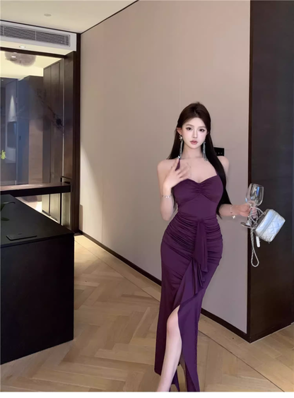 Vintage Purple Sweetheart Pleated Design Prom Dress A-line Halter Dress TP3575