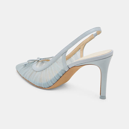 Light Blue Mesh Pleated Pointed Toe Bow Decor Slingback Heels