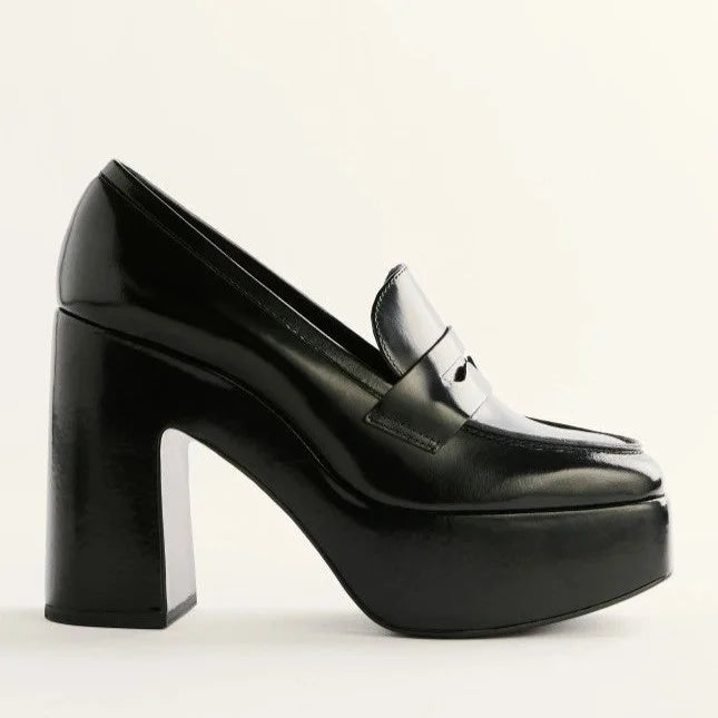 Black Platform Loafers Block Heels Business Casual Shoes for Women