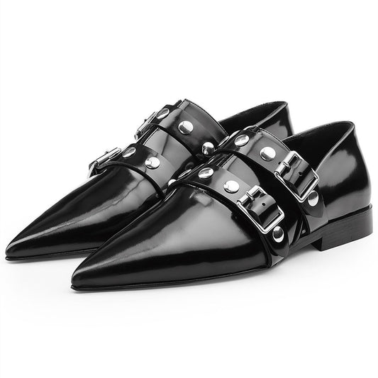 Black Patent Leather Pointed-Toe Buckle Strap Flats with Studs