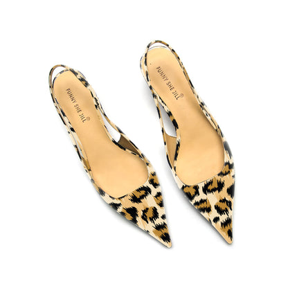 Women's Leopard Print Slingback Pumps Pointed Toe Office Kitten Heels