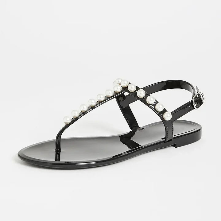 Black Summer Sandals Open Toe Pearl Ankle Strap Casual Flats
