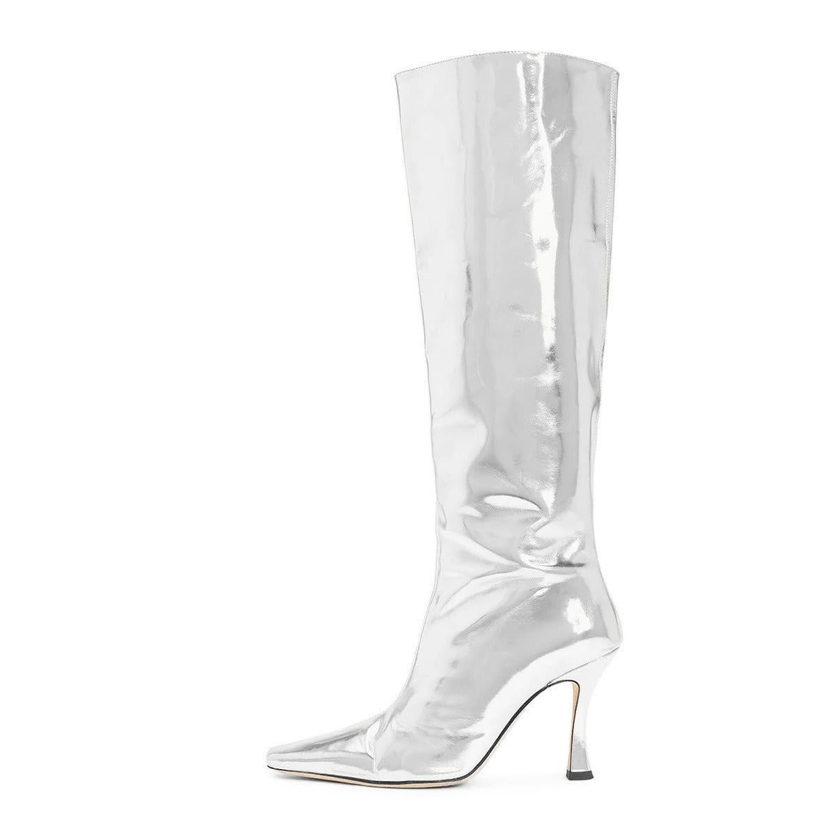 Silver Square Toe Half Zipper Spool Heel Knee High Boots for Women